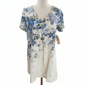 NWT One World Women's Multicolor Floral Lace Size Medium Short Sleeve Tunic